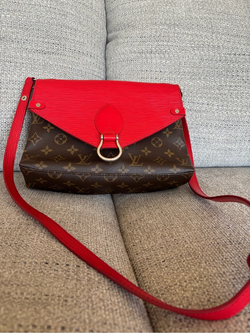 Louis Vuitton Brown Monogram  bag with epi Red Flap and Strap